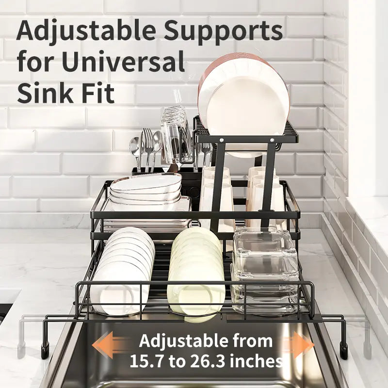Foldable sink drain rack | Double-layer pull-out kitchen storage rack with cutlery rack
