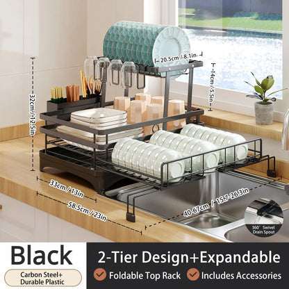 Foldable sink drain rack | Double-layer pull-out kitchen storage rack with cutlery rack