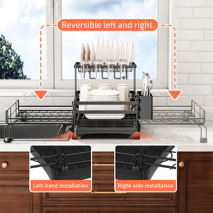 Foldable sink drain rack | Double-layer pull-out kitchen storage rack with cutlery rack