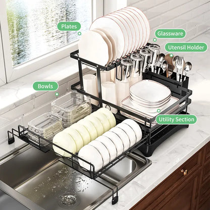 Foldable sink drain rack | Double-layer pull-out kitchen storage rack with cutlery rack