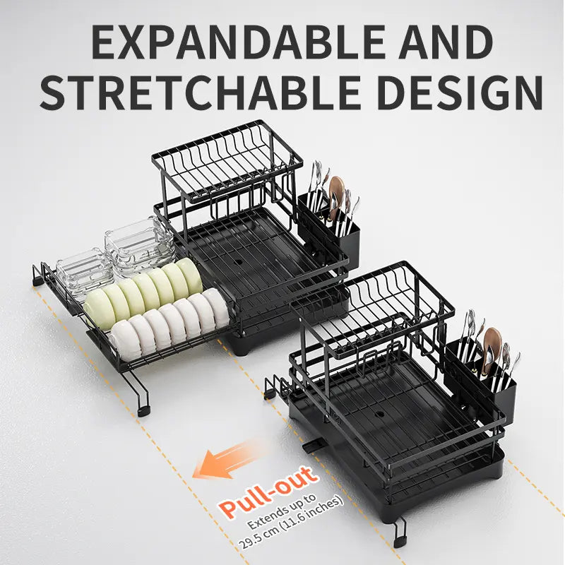 Foldable sink drain rack | Double-layer pull-out kitchen storage rack with cutlery rack